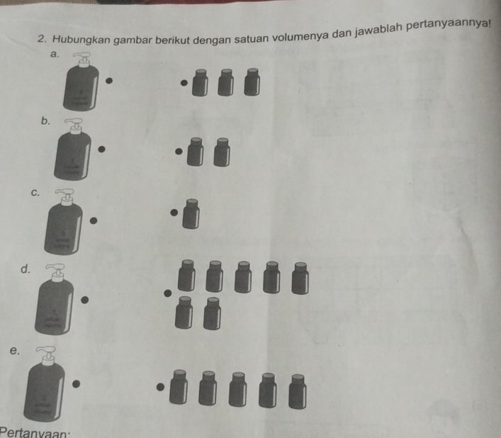 Hubungkan gambar berikut dengan satuan volumenya dan jawablah pertanyaannya! 
a. 
b. 
C. 
d 
e 
Pertanvaan: