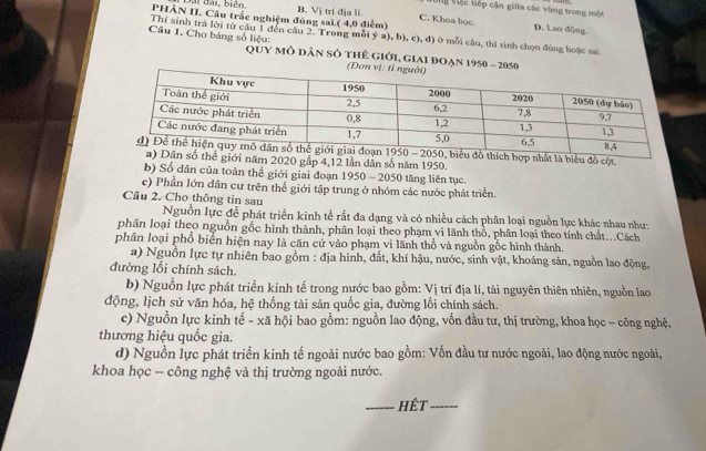 ai  đai, biên,
Vig Việc tiếp cận giữa các vùng trong một
PHÂN II. Câu trắc nghiệm đúng sai.( 4,0 điểm) B. Vị trí địa lí.
C. Khoa học D. Lao động.
Thí sinh trả lời từ cầu 1 đến câu 2. Trong mỗi ý a), b), c), d) ở mỗi câu, thi sinh chọn đùng hoặc sai
Câu 1. Cho bảng số liệu:  QUy Mô dân Số tHẻ giới, Giai đoạn 1950 
t là biểu đồ cột
năm 2020 gấp 4,12 lần dân số năm 1950.
b) Số dân của toàn thể giới giai đoạn 1950 - 2050 tăng liên tục.
c) Phần lớn dân cư trên thể giới tập trung ở nhóm các nước phát triển.
Câu 2. Cho thông tin sau
Nguồn lực để phát triển kinh tế rất đa dạng và có nhiều cách phân loại nguồn lực khác nhau như:
phân loại theo nguồn gốc hình thành, phân loại theo phạm vi lãnh thỏ, phân loại theo tính chất...Cách
phân loại phổ biển hiện nay là căn cứ vào phạm vi lãnh thổ và nguồn gốc hình thành.
a) Nguồn lực tự nhiên bao gồm : địa hình, đất, khí hậu, nước, sinh vật, khoáng sản, nguồn lao động,
đường lỗi chính sách.
b) Nguồn lực phát triển kinh tế trong nước bao gồm: Vị trí địa lí, tài nguyên thiên nhiên, nguồn lao
động, lịch sử văn hóa, hệ thống tài sản quốc gia, đường lối chính sách.
c) Nguồn lực kinh tế - xã hội bao gồm: nguồn lao động, vốn đầu tư, thị trường, khoa học - công nghệ,
thương hiệu quốc gia.
d) Nguồn lực phát triển kinh tế ngoài nước bao gồm: Vốn đầu tư nước ngoài, lao động nước ngoài,
khoa học - công nghệ và thị trường ngoài nước.
_hêt_