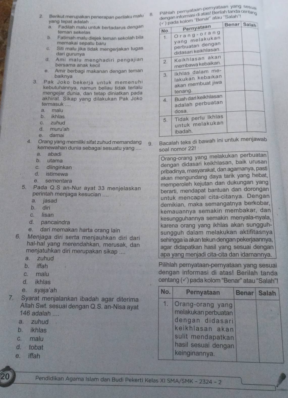 Berikut merupakan penerapan perilaku malu 8. Pilihlah pernyataan-pernyataan yang sesua
n informasi di atas! Berilah tanda centang
yang tepat adalah . .
u ''Salah''!
a. Fadilah malu untuk bertadarus dengan
teman sekelas
b. Fatimah malu diejek teman sekolah bila
memakai sepatu baru
c. Siti malu jika tidak mengerjakan tugas
dari gurunya
d. Ami malu menghadiri pengajian 
bersama anak kecil
e. Amir berbagi makanan dengan teman
baiknya
3. Pak Joko bekerja untuk memenuhi
kebutuhannya, namun beliau tidak terlalu
mengejar dunia, dan tetap diniatkan pada
akhirat. Sikap yang dilakukan Pak Joko
termasuk ....
a. malu
b. ikhlas
c. zuhud
d. muru'ah
e. damai 
4. Orang yang memiliki sifat zuhud memandang 9. Bacalah teks di bawah in
kemewahan dunia sebagai sesuatu yang .... soal nomor 22!
a. abadi
b. utama
Orang-orang yang melakukan perbuatan
c. diinginkan
dengan didasari keikhlasan, baik urusan
d. istimewa pribadinya, masyarakat, dan agamanya, pasti
e. sementara akan mengundang daya tarik yang hebat,
5. Pada Q.S an-Nur ayat 33 menjelaskan memperoleh kejutan dan dukungan yang
perintah menjaga kesucian .... berarti, mendapat bantuan dan dorongan
a. jasad untuk mencapai cita-citanya. Dengan
b. diri demikian, maka semangatnya berkobar,
c. lisan kemauannya semakin membakar, dan
d. pancaindra kesungguhannya semakin menyala-nyala,
karena orang yang ikhlas akan sungguh-
e. dari memakan harta orang lain
sungguh dalam melakukan aktifitasnya
6. Menjaga diri serta menjauhkan diri dari sehingga ia akan tekun dengan pekerjaannya,
hal-hal yang merendahkan, merusak, dan agar didapatkan hasil yang sesuai dengan 
menjatuhkan diri merupakan sikap ....
apa yang menjadi cita-cita dan idamannya.
a. zuhud
b. iffah Pilihlah pernyataan-pernyataan yang sesuai
c. malu dengan informasi di atas! Berilah tanda
centang (
d. ikhlas (√ ) pada kolom “Benar' atau “Salah”!
e. syaja'ah 
7. Syarat menjalankan ibadah agar diterima
Allah Swt. sesuai dengan Q.S. an-Nisa ayat
146 adalah ....
a. zuhud
b. ikhlas
c. malu
d. tobat 
e. iffah
20 Pendidikan Agama Islam dan Budi Pekerti Kelas XI SMA/SMK - 2324 - 2