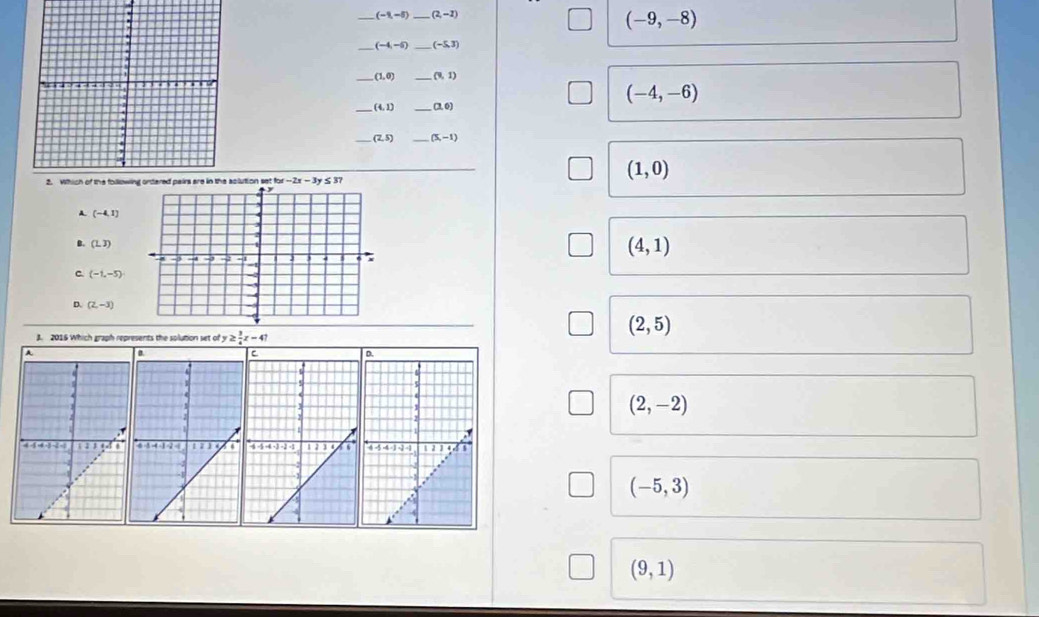 (-1,-5) _ (2,-2)
(-9,-8)
_ (-4,-5) _ (-5,3)
_ (1,0) _ (9,1)
(-4,-6)
_ (4,1) _ (3,0)
_ (2,5) _ (5,-1)
(1,0)
clution set for
A. (-4,1)
B. (L3)
(4,1)
C. (-1,-5)
D. (2,-3)
3. 2016 Which graph represents the solution set of y≥  3/4 x-4?
(2,5)
A
(2,-2)
(-5,3)
(9,1)