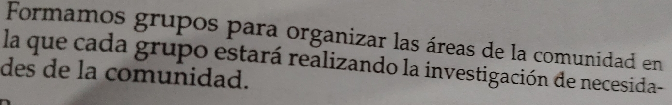 Formamos grupos para organizar las áreas de la comunidad en 
la que cada grupo estará realizando la investigación de necesida- 
des de la comunidad.