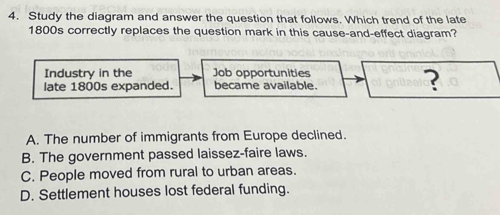 Study the diagram and answer the question that follows. Which trend of the late
1800s correctly replaces the question mark in this cause-and-effect diagram?
Industry in the Job opportunities
late 1800s expanded. became available.
?
A. The number of immigrants from Europe declined.
B. The government passed laissez-faire laws.
C. People moved from rural to urban areas.
D. Settlement houses lost federal funding.