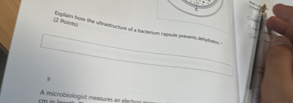 Explain how the ultrastructure of a bacterium capsule prevents dehydration, 
9 
A microbiologist measures an electron mi 
cm in