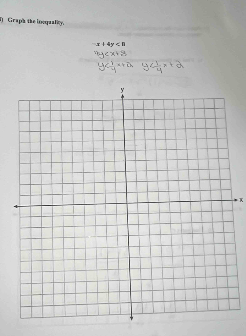 ) Graph the inequality.
-x+4y<8</tex>
x