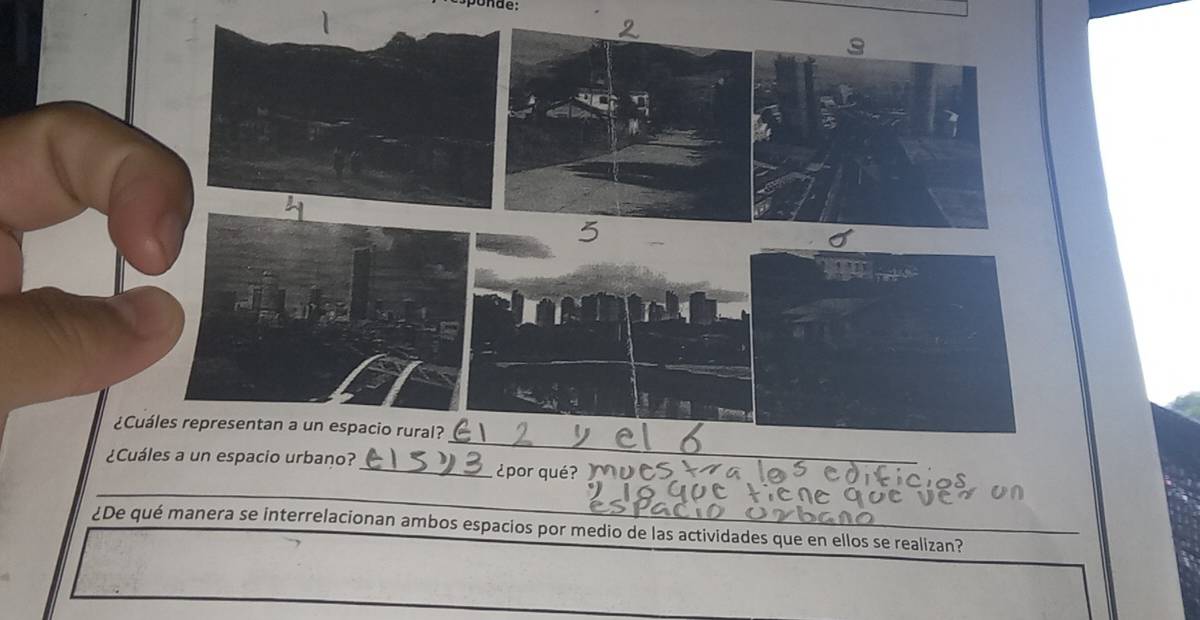 ponde: 
_ 
¿Cuáles representan a un espacio rural? 
¿Cuáles a un espacio urbano? _¿por qué? _ 
_ 
¿De qué manera se interrelacionan ambos espacios por medio de las actividades que en ellos se realizan?