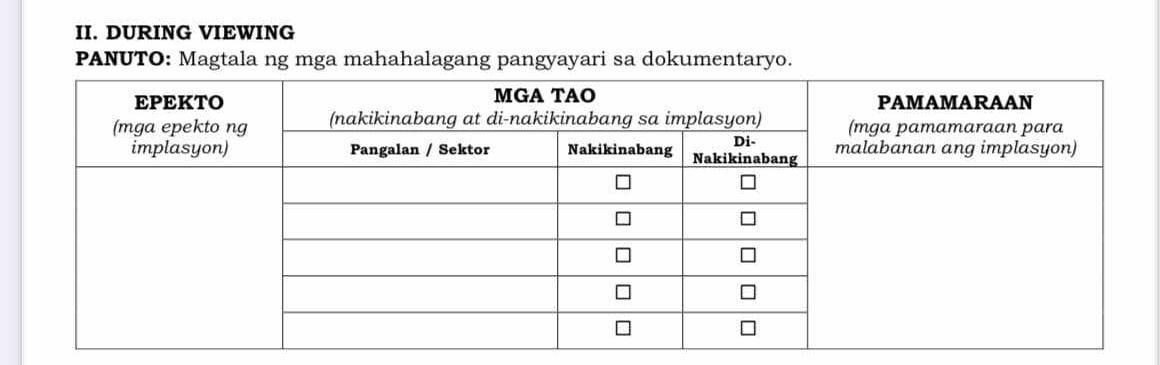 DURING VIEWING 
PANUTO: Magtala ng mga mahahalagang pangyayari sa dokumentaryo.