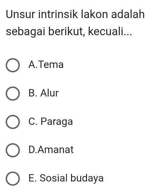 Unsur intrinsik lakon adalah
sebagai berikut, kecuali...
A.Tema
B. Alur
C. Paraga
D.Amanat
E. Sosial budaya