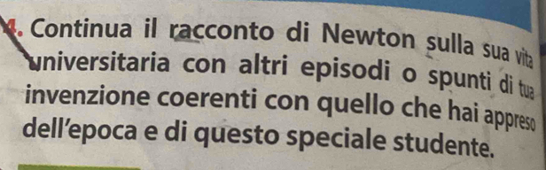 Continua il racconto di Newton sulla sua vita 
universitaria con altri episodi o spunti di tua 
invenzione coerenti con quello che hai appreso 
dell’epoca e di questo speciale studente.