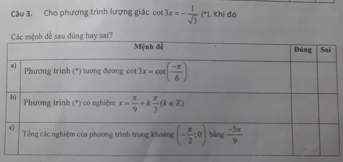 Cho phương trình lượng giác cot 3x=- 1/sqrt(3) (*). Khi đó