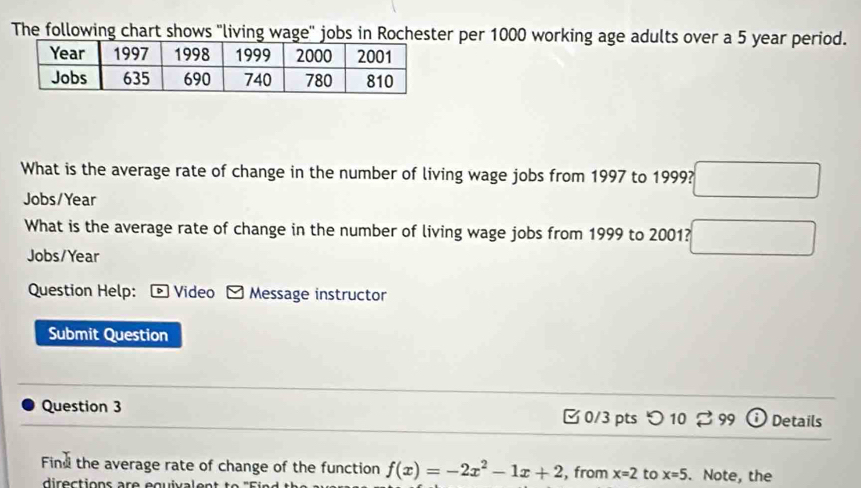 The following chart shows "living wage' jobs in Rochester per 1000 working age adults over a 5 year period. 
What is the average rate of change in the number of living wage jobs from 1997 to 1999? □ 
Jobs/Year 
What is the average rate of change in the number of living wage jobs from 1999 to 2001? □ 
Jobs/Year 
Question Help: * Video - Message instructor 
Submit Question 
Question 3 □ 0/3 pts つ 10 % 99 Details 
Find the average rate of change of the function f(x)=-2x^2-1x+2 , from x=2 to x=5. Note, the 
directions ar e equiva le