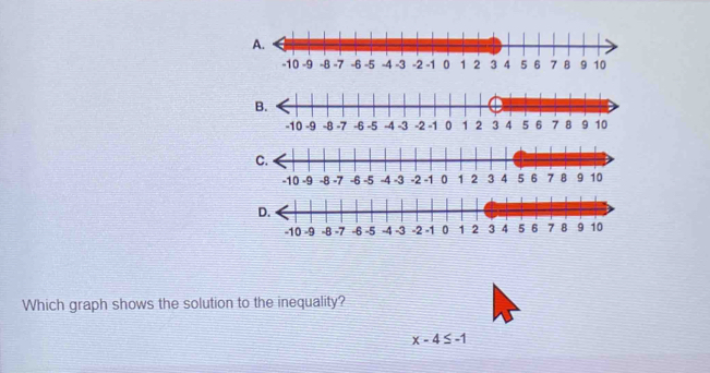 -10 -9 -8 -7 -6 -5 -4 -3 -2 -1 0 1 2 3 4 5 6 7 B 9 10
-10 -9 -8 -6 -5 -4 -3 -2 -1 2 3 4 5 67 8
Which graph shows the solution to the inequality?
x-4≤ -1