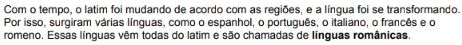 Com o tempo, o latim foi mudando de acordo com as regiões, e a língua foi se transformando. 
Por isso, surgiram várias línguas, como o espanhol, o português, o italiano, o francês e o 
romeno. Essas línguas vêm todas do latim e são chamadas de línguas românicas.