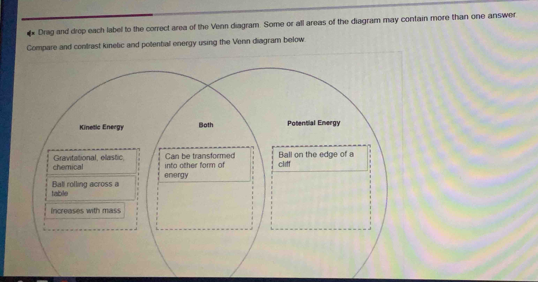 Drag and drop each label to the correct area of the Venn diagram. Some or all areas of the diagram may contain more than one answer. 
Compare and contrast kinetic and potential energy using the Venn diagram below.