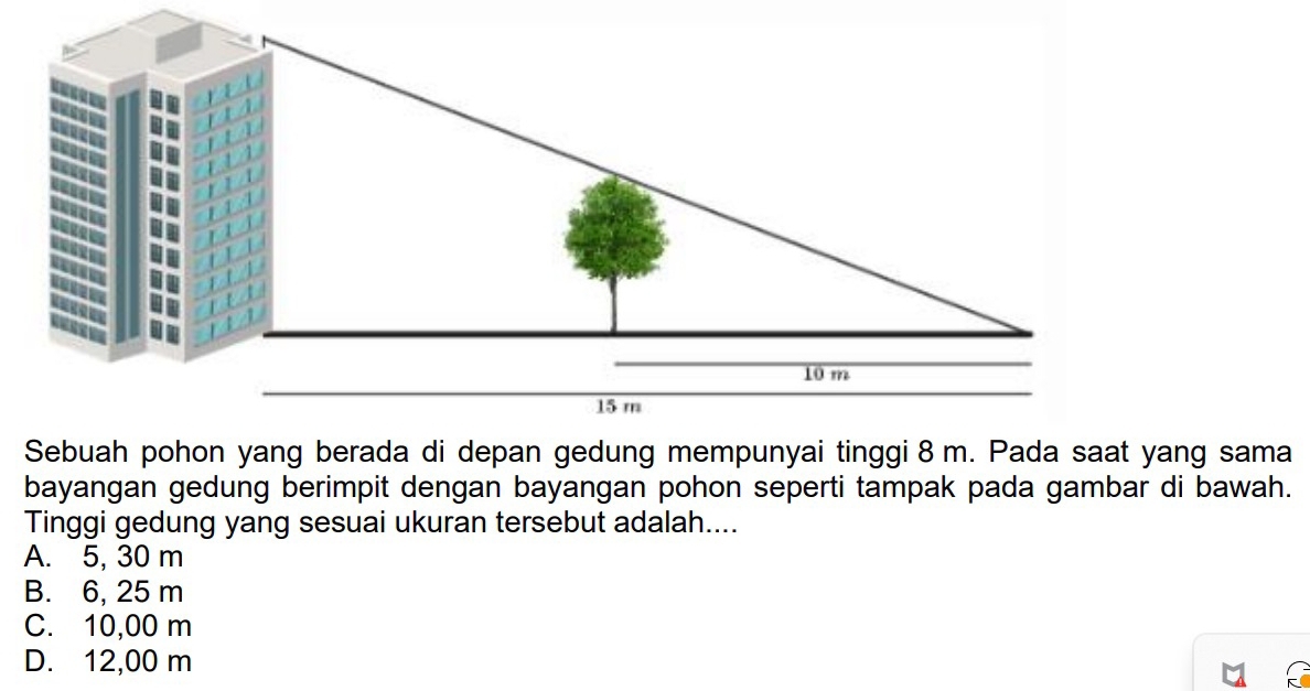 bayangan gedung berimpit dengan bayangan pohon seperti tampak pada gambar di bawah.
Tinggi gedung yang sesuai ukuran tersebut adalah....
A. 5, 30 m
B. 6, 25 m
C. 10,00 m
D. 12,00 m