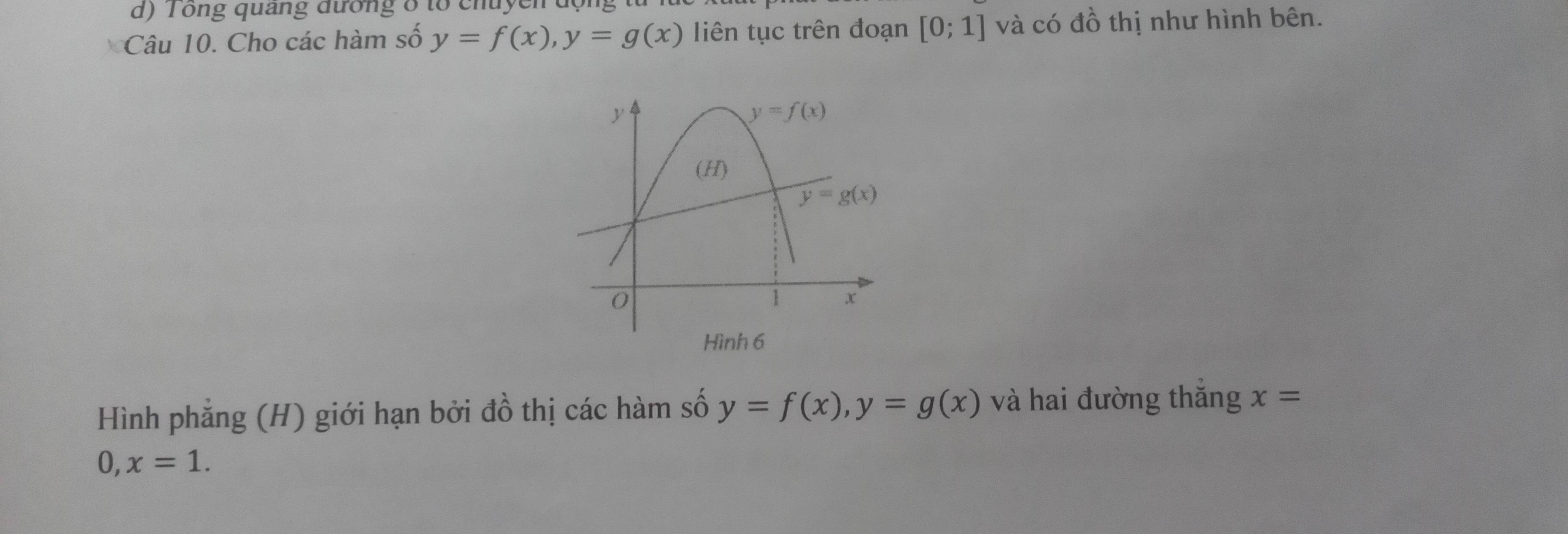 ong quang đương o to chuyen độ
Câu 10. Cho các hàm số y=f(x),y=g(x) liên tục trên đoạn [0;1] và có đồ thị như hình bên.
Hình phẳng (H) giới hạn bởi đồ thị các hàm số y=f(x),y=g(x) và hai đường thăng x=
0,x=1.