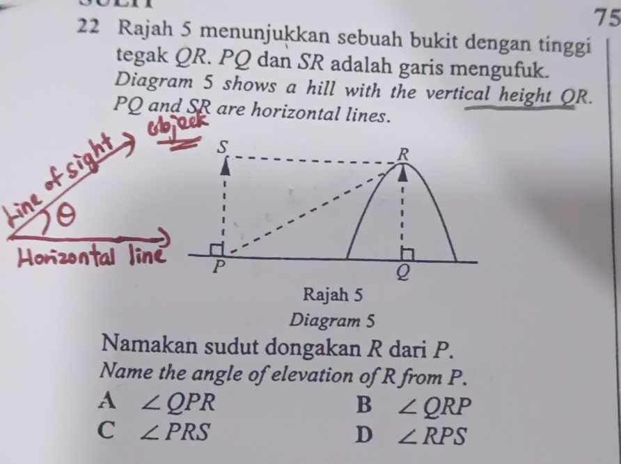 75
22 Rajah 5 menunjukkan sebuah bukit dengan tinggi
tegak QR. PQ dan SR adalah garis mengufuk.
Diagram 5 shows a hill with the vertical height QR.
PQ and SR are horizontal lines.
Rajah 5
Diagram S
Namakan sudut dongakan R dari P.
Name the angle of elevation of R from P.
A ∠ QPR
B ∠ QRP
C ∠ PRS
D ∠ RPS