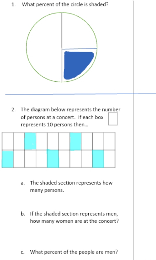 What percent of the circle is shaded? 
2. The diagram below represents the number 
of persons at a concert. If each box 
represents 10 persons then... 
a. The shaded section represents how 
many persons. 
b. If the shaded section represents men, 
how many women are at the concert? 
c. What percent of the people are men?