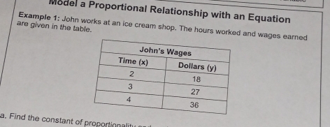 Model a Proportional Relationship with an Equation 
are given in the table. Example 1: John works at an ice cream shop. The hours worked and wages earned 
a. Find the constant of proportionalit