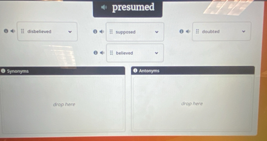 presumed
θ = disbelieved θ | :: supposed θ 4 : doubted 
believed 
@ Synonyms O Antonyms 
drop here drop here
