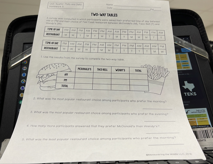 Homework 5 Unit: Scatter Plots and Data Name Dafe_ 
_ 
Pd 
TWO-WAY TABLES 
A survey was conducted in which participants were asked their preferred time of day between 
Wendy's (W). AM or PM and their choice of fast food restaurant between McDonald's (M), Taco Bell (T) and 
TIME OF DAY AM AM PM AM PM PM AM 
。 
1. Use the results from the survey to complete the two-way table. 
TEKS 
2. What was the most popular restaurant choice among participants who prefer the morning? ccess 
_ 
3. What was the most popular restaurant choice among participants who prefer the evening? look of the 
e f o n e 
_ 
4. How many more participants answered that they prefer McDonald's than Wendy's? 
_ 
5. What was the least popular restaurant choice among participants who prefer the morning? 
100419 
_ 
#Maneuvering the Middle LLC, 2016