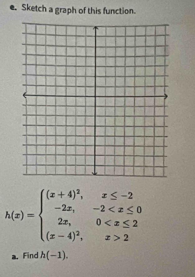 Sketch a graph of this function.
h(x)=beginarrayl (x+4)^2,x≤ -2 -2x,-2 2endarray.
a. Find h(-1).