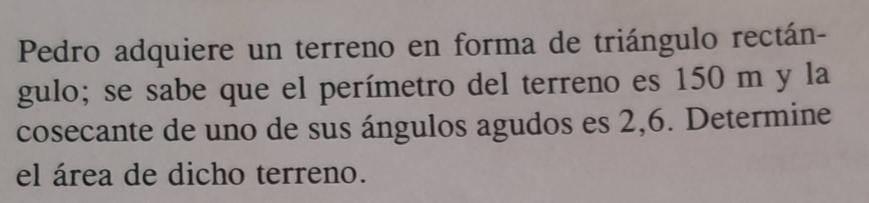 Pedro adquiere un terreno en forma de triángulo rectán- 
gulo; se sabe que el perímetro del terreno es 150 m y la 
cosecante de uno de sus ángulos agudos es 2,6. Determine 
el área de dicho terreno.