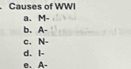 Causes of WWI
a、 M-
b. A-
C. N-
d. I-
e. A-