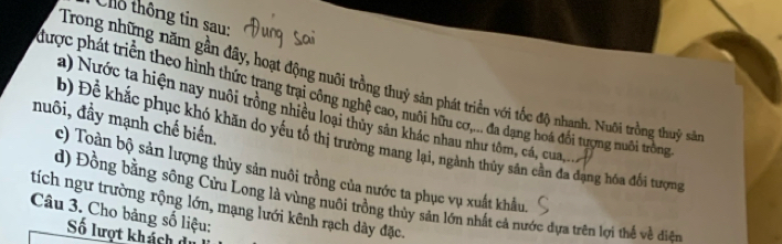 Chô thông tin sau: 
Trong những năm gần đây, hoạt động nuôi trồng thuỷ sản phát triển với tốc độ nhanh. Nuôi trồng thuỷ sả 
được phát triển theo hình thức trang trại công nghệ cao, nuôi hữu cơ,... đa dạng hoá đổi tượng nuôi trống 
a) Nước ta hiện nay nuôi trồng nhiều loại thủy sản khác nhau như tôm, cá, cua.n 
nuôi, đầy mạnh chế biến. 
b) Để khắc phục khó khăn do yếu tố thị trường mang lại, ngành thủy sân cần đa đạng hóa đổi tượng 
c) Toàn bộ sản lượng thủy sản nuôi trồng của nước ta phục vụ xuất khẩu 
tích ngư trường rộng lớn, mạng lưới kênh rạch dây đặc. d) Đồng bằng sông Cửu Lọng là vùng nuôi trồng thủy sản lớn nhất cả nước đựa trên lợi thể về diện 
Câu 3. Cho bảng số liệu; 
Số lượt khách d