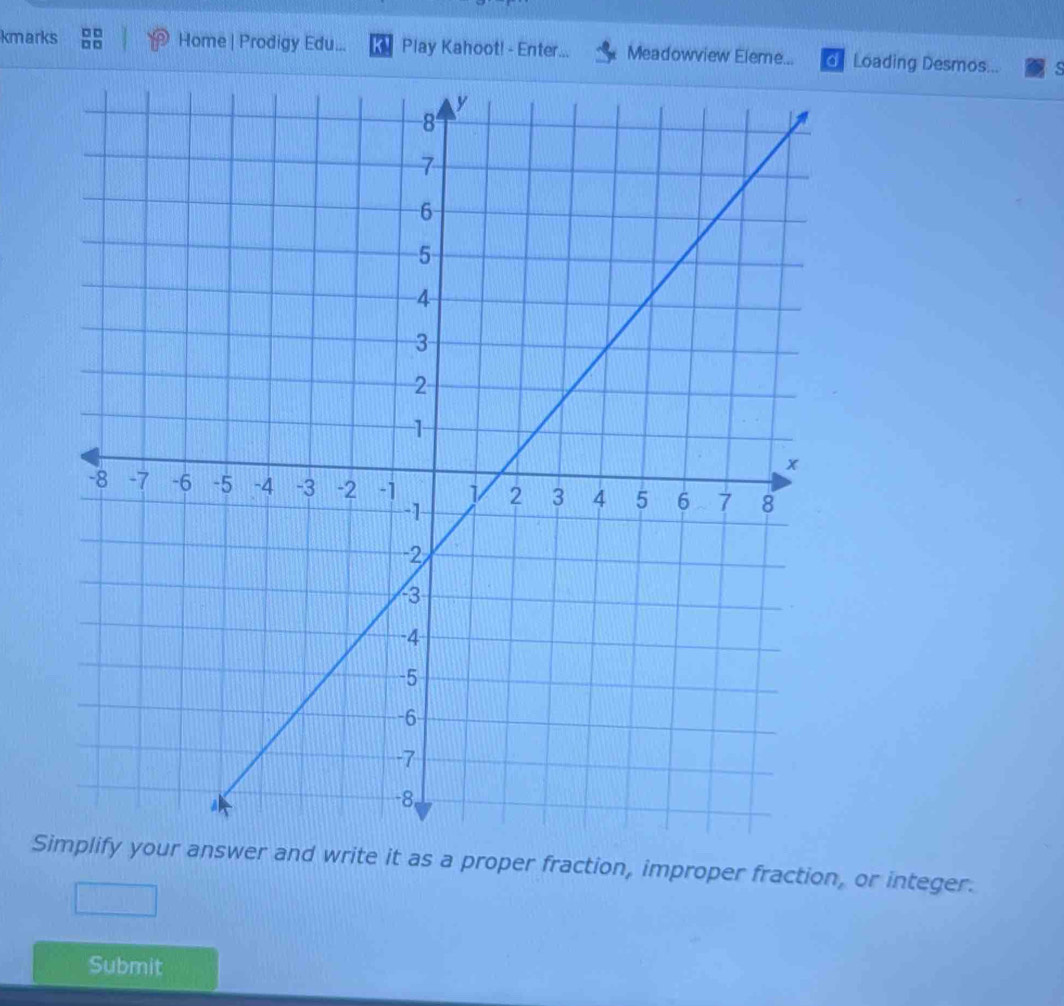 kmarks □□ Home | Prodigy Edu... Play Kahoot! - Enter. Meadowview Eleme... a Loading Desmos... s 
Simplify your answer and write it as a proper fraction, improper fraction, or integer. 
Submit