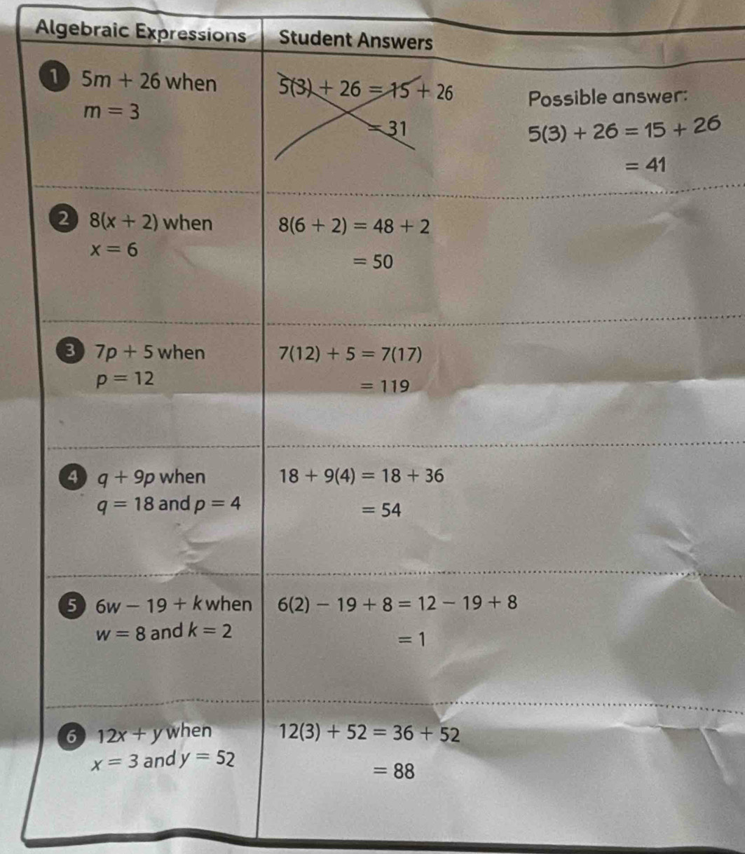 Algebraic Expressions Student Answers