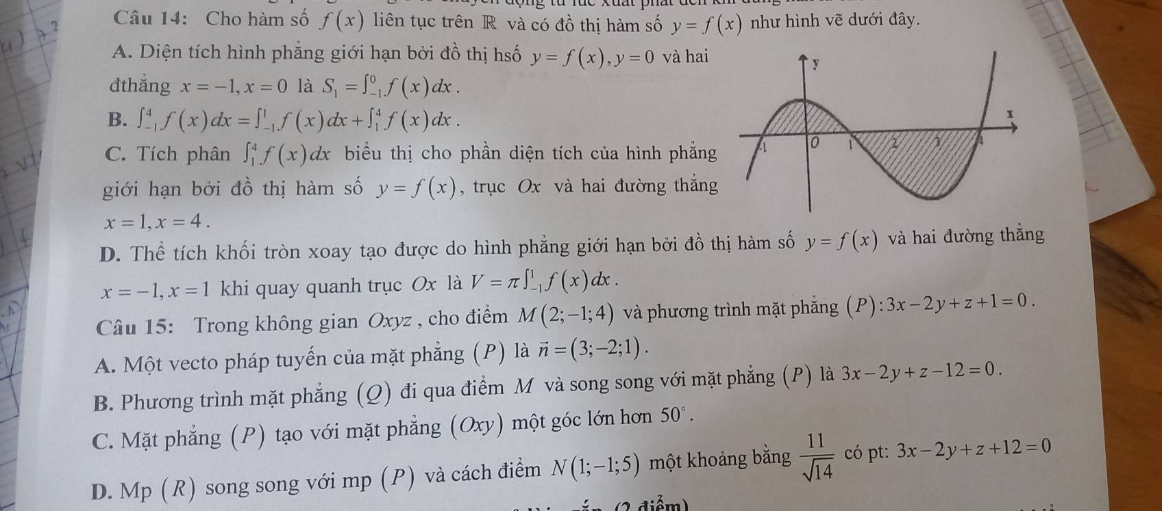 Cho hàm số f(x) liên tục trên R và có đồ thị hàm số y=f(x) như hình vẽ dưới đây.
A. Diện tích hình phẳng giới hạn bởi đồ thị hsố y=f(x),y=0 và hai
đthẳng x=-1,x=0 là S_1=∈t _(-1)^0f(x)dx.
B. ∈t _(-1)^4f(x)dx=∈t _(-1)^1f(x)dx+∈t _1^(4f(x)dx.
C. Tích phân ∈t _1^4f(x)dx biểu thị cho phần diện tích của hình phẳng
giới hạn bởi đồ thị hàm số y=f(x) , trục Ox và hai đường thắng
x=1,x=4.
D. Thể tích khối tròn xoay tạo được do hình phẳng giới hạn bởi đồ thị hàm số y=f(x) và hai đường thắng
x=-1,x=1 khi quay quanh trục Ox là V=π ∈t _(-1)^1f(x)dx.
Câu 15: Trong không gian Oxyz , cho điểm M(2;-1;4) và phương trình mặt phẳng (P):3x-2y+z+1=0.
A. Một vecto pháp tuyến của mặt phẳng (P) là vector n)=(3;-2;1).
B. Phương trình mặt phẳng (Q) đi qua điểm M và song song với mặt phẳng (P) là 3x-2y+z-12=0.
C. Mặt phẳng (P) tạo với mặt phẳng (Oxy) một góc lớn hơn 50°.
D. Mp (R) song song với mp (P) và cách điểm N(1;-1;5) một khoảng bằng  11/sqrt(14)  có pt: 3x-2y+z+12=0