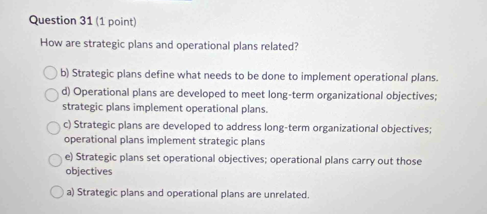 How are strategic plans and operational plans related?
b) Strategic plans define what needs to be done to implement operational plans.
d) Operational plans are developed to meet long-term organizational objectives;
strategic plans implement operational plans.
c) Strategic plans are developed to address long-term organizational objectives;
operational plans implement strategic plans
e) Strategic plans set operational objectives; operational plans carry out those
objectives
a) Strategic plans and operational plans are unrelated.