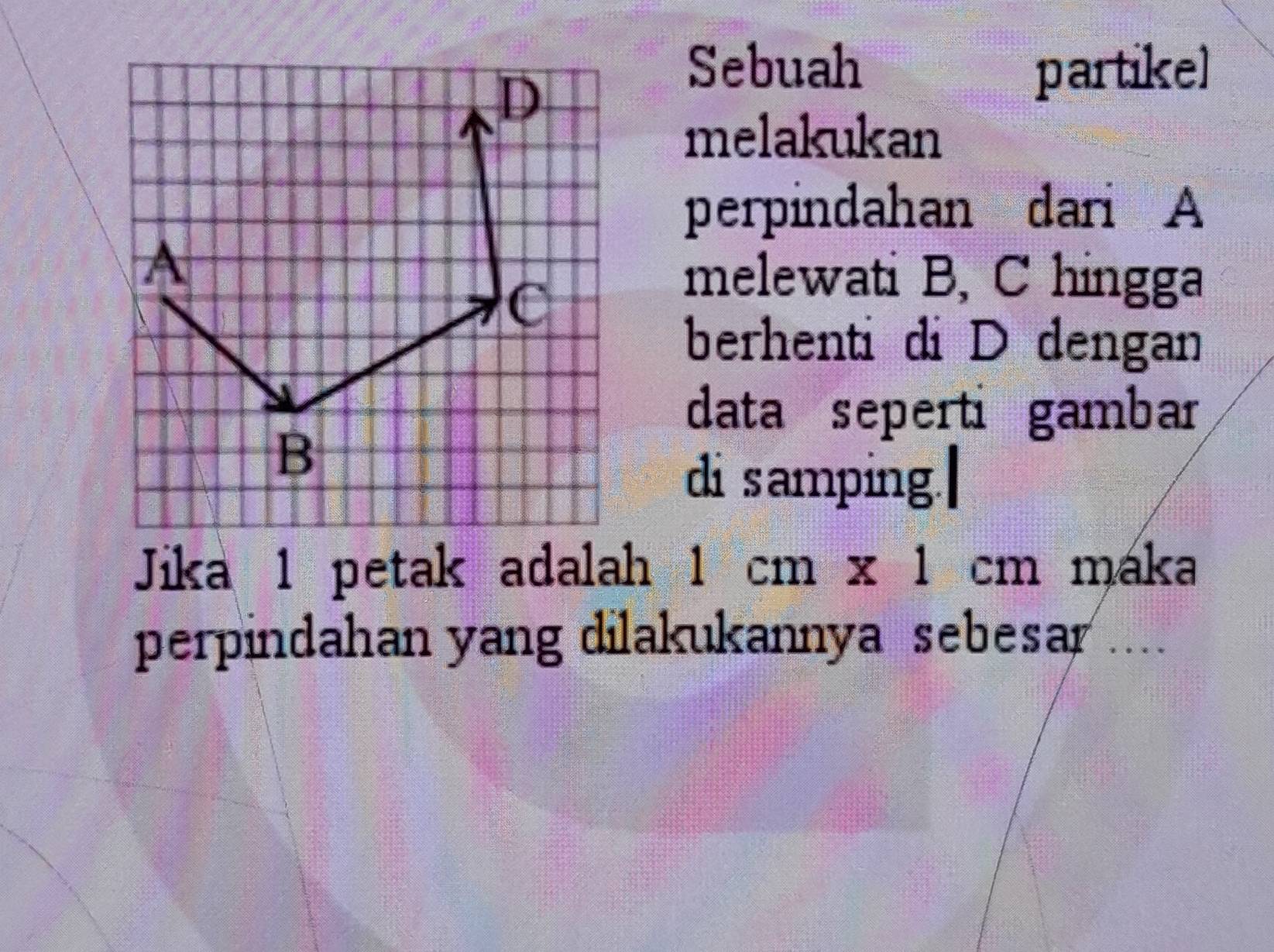 Sebuah partikel 
melakukan 
perpindahan dari A 
melewati B, C hingga 
berhenti di D dengan 
data seperti gambar 
di samping. 
Jika 1 petak adalah 1cm* 1cm maka 
perpindahan yang dilakukannya sebesar ....