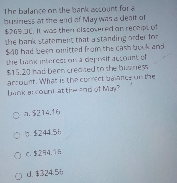 The balance on the bank account for a
business at the end of May was a debit of
$269.36. It was then discovered on receipt of
the bank statement that a standing order for
$40 had been omitted from the cash book and
the bank interest on a deposit account of
$15.20 had been credited to the business
account. What is the correct balance on the
bank account at the end of May?
a. $214.16
b. $244.56
c. $294.16
d. $324.56