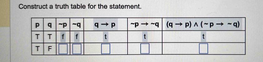 Construct a truth table for the statement. Then use the table to indicate one set of
conditions that make the compound statement false, or state that no such conditions exist.
Running for president is necessary for getting elected, but not running for president is
sufficient for not getting elected.
First, write the statement in symbolic form. Let p=''you run for president" and let
q= "you get elected."
A. (pto q)wedge (sim pto sim q)
B. (qto p)wedge (sim pto sim q)
C. (qto p)vee (sim pto sim q)
D. (pto q)vee (sim pto sim q)
Construct a truth table for the statement.