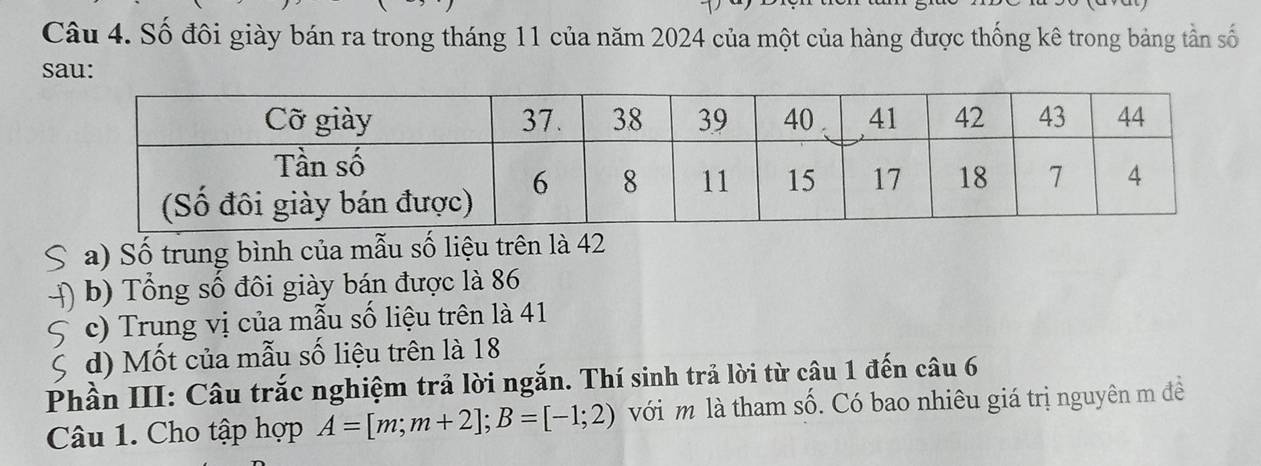 Số đôi giày bán ra trong tháng 11 của năm 2024 của một của hàng được thống kê trong bảng tần số 
sau: 
a) Số trung bình của mẫu số liệu trên là 42
b) Tổng số đôi giày bán được là 86
c) Trung vị của mẫu số liệu trên là 41
d) Mốt của mẫu số liệu trên là 18
Phần III: Câu trắc nghiệm trả lời ngắn. Thí sinh trả lời từ câu 1 đến câu 6 
Câu 1. Cho tập hợp A=[m;m+2]; B=[-1;2) với m là tham số. Có bao nhiêu giá trị nguyên m đề