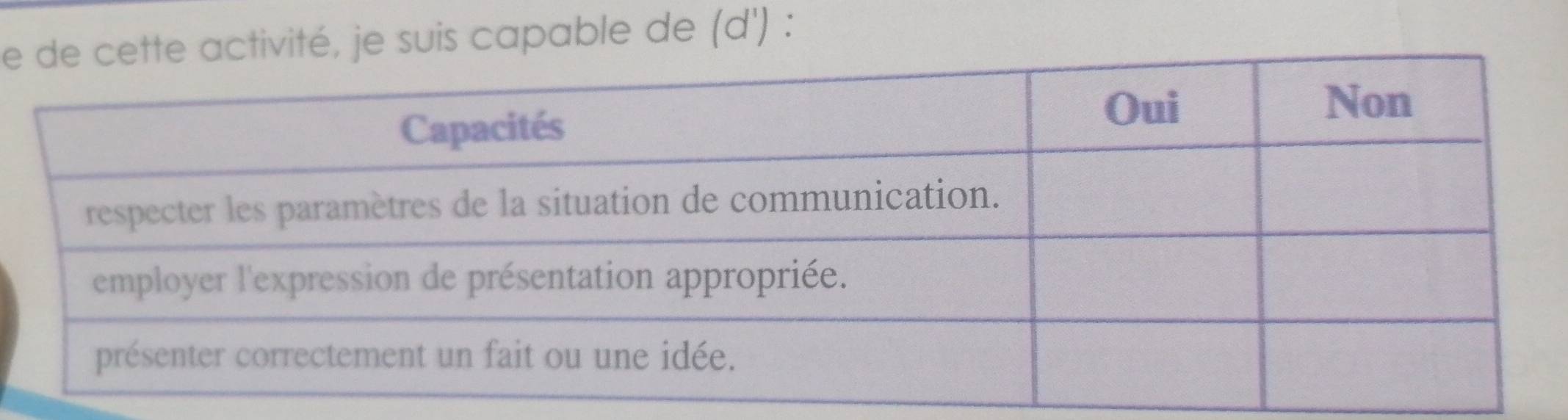 e, je suis capable de (d') :