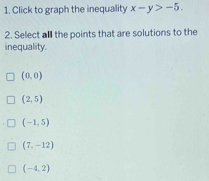 Click to graph the inequality x-y>-5. 
2. Select all the points that are solutions to the
inequality.
(0,0)
(2,5)
(-1,5)
(7,-12)
(-4,2)