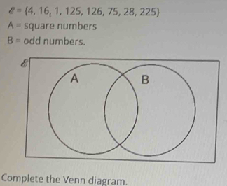 g= 4,16,1,125,126,75,28,225
A= square numbers
B= odd numbers. 
Complete the Venn diagram.