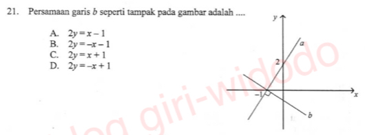 Persamaan garis b seperti tampak pada gambar ad
A. 2y=x-1
B. 2y=-x-1
C. 2y=x+1
D. 2y=-x+1