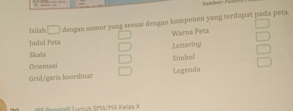 Sumber: Padamu 
Isilah dengan nomor yang sesuai dengan komponen yang terdapat pada peta. 
Warna Peta 
Judul Peta 
Lettering 
Skala 
Simbol 
Orientasi 
Grid/garis koordinat Legenda 
IPS Geografi 1 untuk SMA/MA Kelas X