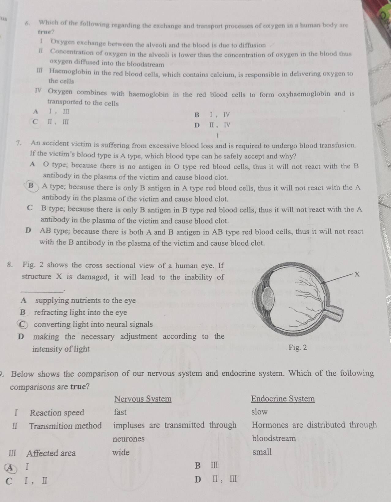 a
u 6. Which of the following regarding the exchange and transport processes of oxygen in a human body are
true?
I Oxygen exchange between the alveoli and the blood is due to diffusion
Ⅱ Concentration of oxygen in the alveoli is lower than the concentration of oxygen in the blood thus
oxygen diffused into the bloodstream
Ⅲ Haemoglobin in the red blood cells, which contains calcium, is responsible in delivering oxygen to
the cells
IV Oxygen combines with haemoglobin in the red blood cells to form oxyhaemoglobin and is
transported to the cells
A Ⅰ , Ⅲ
B I ， Ⅳ
C I , Ⅲ
D Ⅱ , IV
7. An accident victim is suffering from excessive blood loss and is required to undergo blood transfusion.
If the victim’s blood type is A type, which blood type can he safely accept and why?
A O type; because there is no antigen in O type red blood cells, thus it will not react with the B
antibody in the plasma of the victim and cause blood clot.
B A type; because there is only B antigen in A type red blood cells, thus it will not react with the A
antibody in the plasma of the victim and cause blood clot.
C B type; because there is only B antigen in B type red blood cells, thus it will not react with the A
antibody in the plasma of the victim and cause blood clot.
D AB type; because there is both A and B antigen in AB type red blood cells, thus it will not react
with the B antibody in the plasma of the victim and cause blood clot.
8. Fig. 2 shows the cross sectional view of a human eye. If
structure X is damaged, it will lead to the inability of
_
A supplying nutrients to the eye
B refracting light into the eye
C converting light into neural signals
D making the necessary adjustment according to the
intensity of light 
. Below shows the comparison of our nervous system and endocrine system. Which of the following
comparisons are true?
Nervous System Endocrine System
I Reaction speed fast slow
II Transmition method impluses are transmitted through Hormones are distributed through
neurones bloodstream
ⅢI Affected area wide small
A I B Ⅲ
C Ⅰ, Ⅱ D Ⅱ, Ⅲ