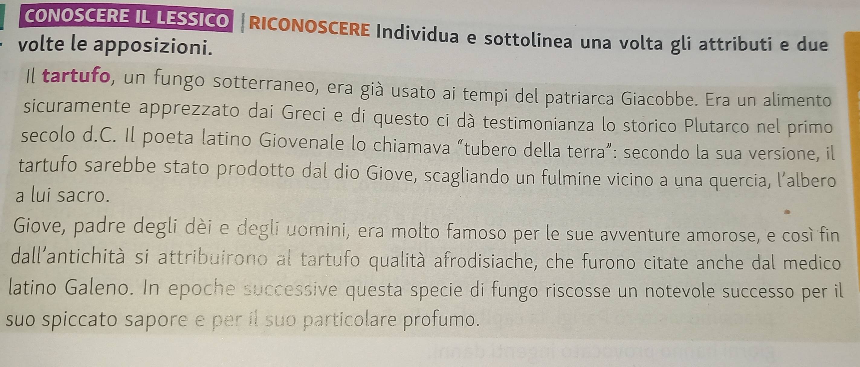 CONOSCERE IL LESSICO |RICONOSCERE Individua e sottolinea una volta gli attributi e due 
volte le apposizioni. 
Il tartufo, un fungo sotterraneo, era già usato ai tempi del patriarca Giacobbe. Era un alimento 
sicuramente apprezzato dai Greci e di questo ci dà testimonianza lo storico Plutarco nel primo 
secolo d.C. Il poeta latino Giovenale lo chiamava “tubero della terra”: secondo la sua versione, il 
tartufo sarebbe stato prodotto dal dio Giove, scagliando un fulmine vicino a una quercia, l’albero 
a lui sacro. 
Giove, padre degli dèi e degli uomini, era molto famoso per le sue avventure amorose, e così fin 
dall'antichità si attribuirono al tartufo qualità afrodisiache, che furono citate anche dal medico 
latino Galeno. In epoche successive questa specie di fungo riscosse un notevole successo per il 
suo spiccato sapore e per il suo particolare profumo.