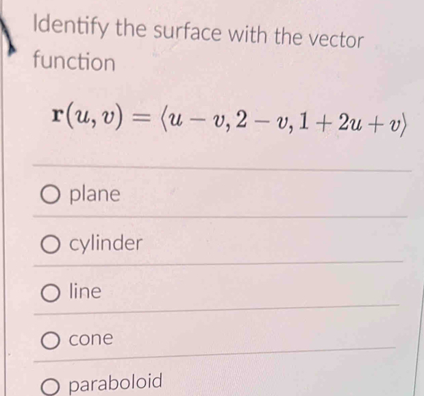 Identify the surface with the vector
function
r(u,v)=langle u-v,2-v,1+2u+vrangle
plane
cylinder
line
cone
paraboloid