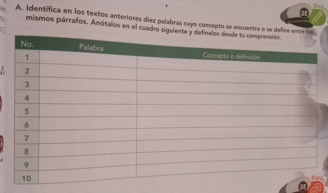 Elabo 
5E 
A. Identifica en los textos anteriores diez palabras cuyo concepto se encuentra o se defin 
mismos párrafos. Anótalos en el cuadro sig 
^ 
lin