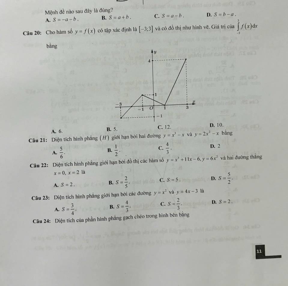 Mệnh đề nào sau đây là đúng?
A. S=-a-b. B. S=a+b. C. S=a-b. D. S=b-a. 
Câu 20: Cho hàm số y=f(x) có tập xác định là [-3;3] và có đồ thị như hình vẽ. Giá trị của ∈tlimits _(-3)^3f(x)dx
bằng
A. 6. B. 5. C. 12.
D. 10.
Câu 21: Diện tích hình phẳng (H) giới hạn bởi hai đường y=x^3-x và y=2x^2-x bằng
A.  5/6 .  1/2 .  4/3 .
D. 2
B.
C.
Câu 22: Diện tích hình phẳng giới hạn bởi đồ thị các hàm số y=x^3+11x-6, y=6x^2 và hai đường thắng
x=0, x=2 là
A. S=2. B. S= 2/5 . C. S=5. D. S= 5/2 . 
Câu 23: Diện tích hình phẳng giới hạn bởi các đường y=x^2 và y=4x-3 là
A. S= 3/4 . S= 4/3 . C. S= 2/3 . D. S=2. 
B.
Câu 24: Diện tích của phần hình phẳng gạch chéo trong hình bên bằng
11