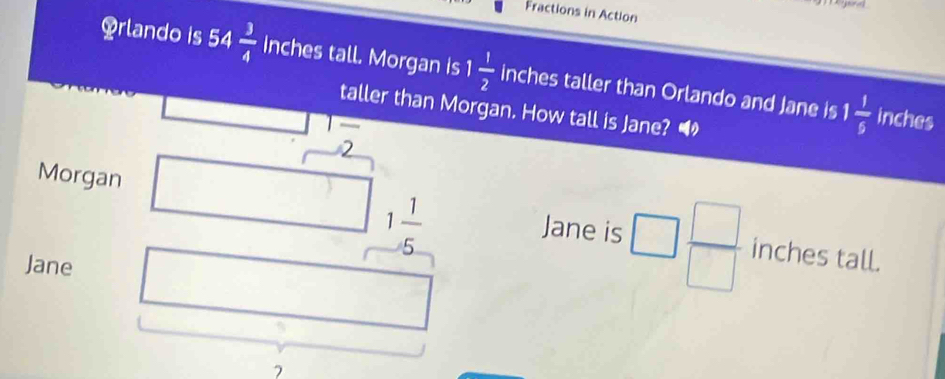 Fractions in Action
54 3/4  inches tall. Morgan is 1 1/2  inches taller than Orlando and Jane is 1 1/6 
taller than Morgan. How tall is Jane? • 
T
inches
2
1 1/5 
Morgan inches tall. 
Jane is  □ /□  
Jane
7