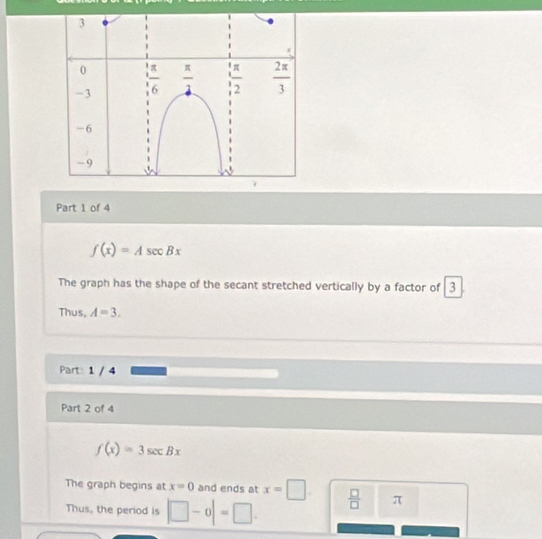 3 
*
0
-3  π /6   π /2   π /2   2π /3 
-6
- 9
Part 1 of 4
f(x)=Asec Bx
The graph has the shape of the secant stretched vertically by a factor of 3  
Thus, A=3. 
Part: 1 / 4 
Part 2 of 4
f(x)=3sec Bx
The graph begins at x=0 and ends at x=□  □ /□   π
Thus, the period is |□ -0|=□.