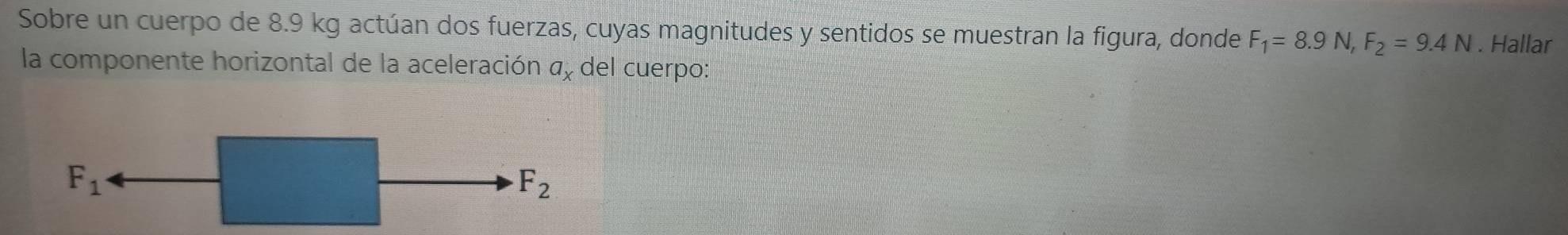 Sobre un cuerpo de 8.9 kg actúan dos fuerzas, cuyas magnitudes y sentidos se muestran la figura, donde F_1=8.9N, F_2=9.4N. Hallar
la componente horizontal de la aceleración a_x del cuerpo: