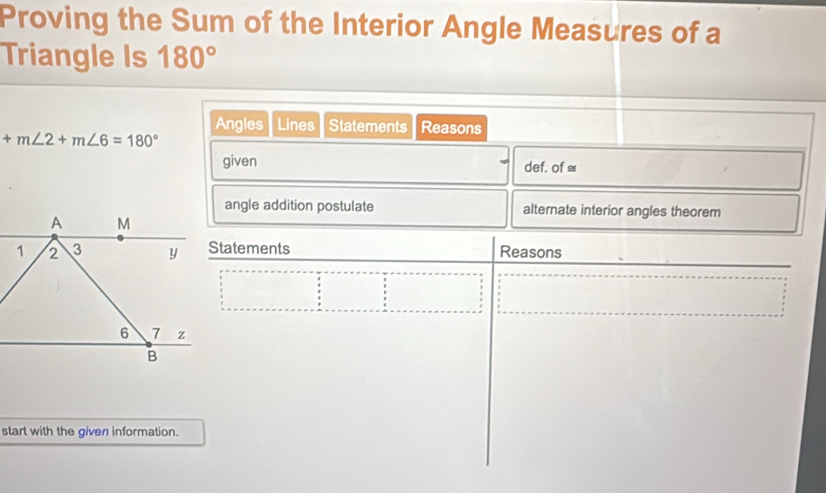 Proving the Sum of the Interior Angle Measures of a 
Triangle Is 180°
Angles . Lines Statements Reasons
+m∠ 2+m∠ 6=180°
given def. of 
angle addition postulate alternate interior angles theorem 
Statements Reasons 
start with the given information.